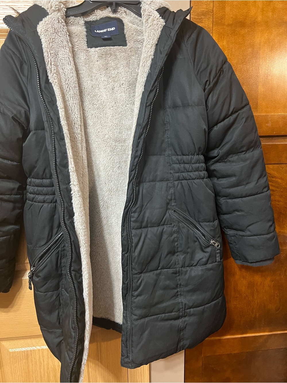 Lands' End Black Kids Puffer Coat with Cream Sherpa Lining